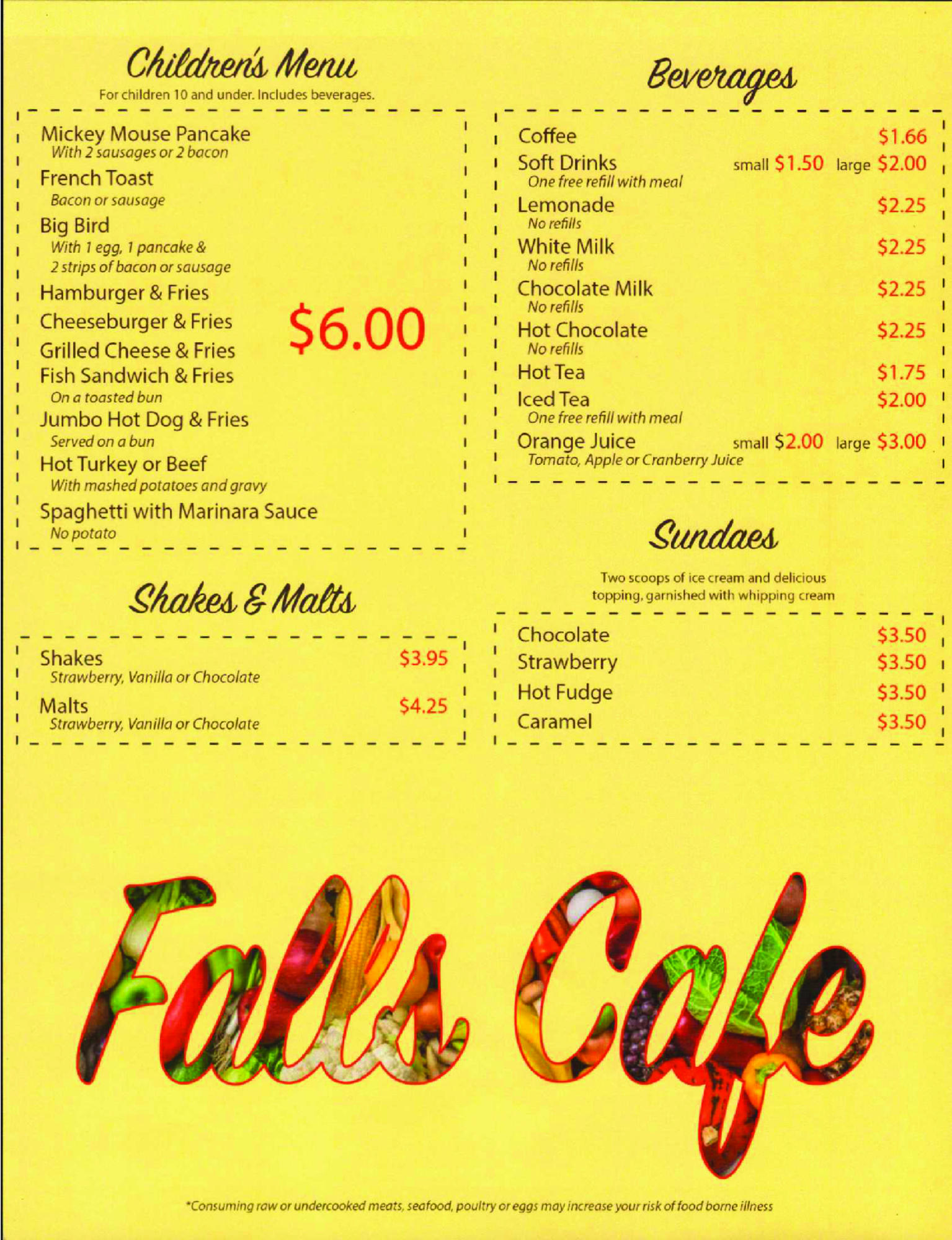 Falls Cafe Sheboygan Falls, WI Menu